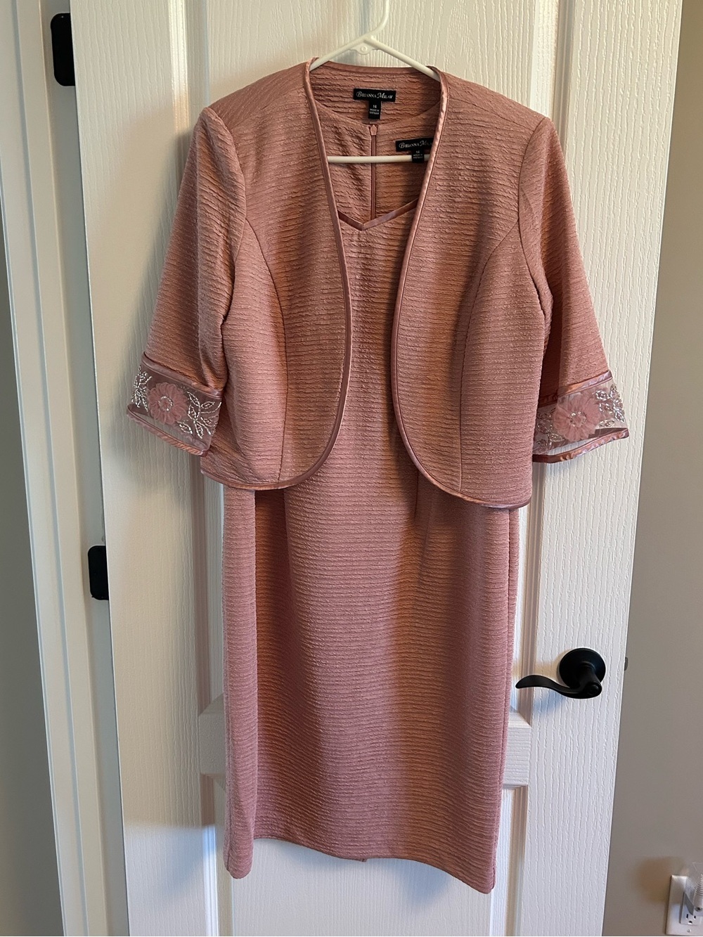 Brianna Miley Rose Pink Midi Dress with Cropped Embroidered Sleeve Jacket